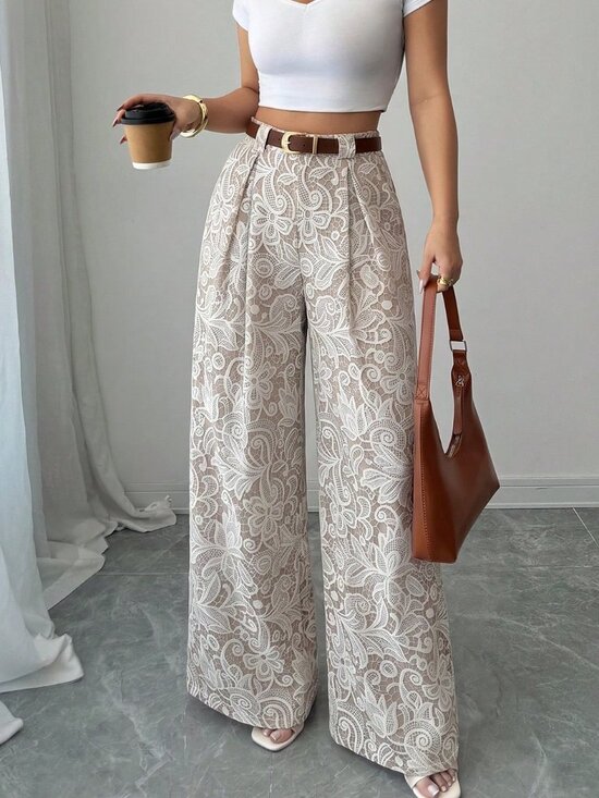 Pants - Multicolor Casual Women's Elegant High-Waisted Polka Dot Culottes Wide Leg Pants